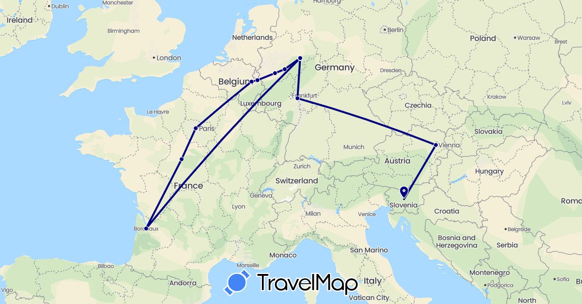 TravelMap itinerary: driving in Austria, Belgium, Germany, France, Slovenia (Europe)